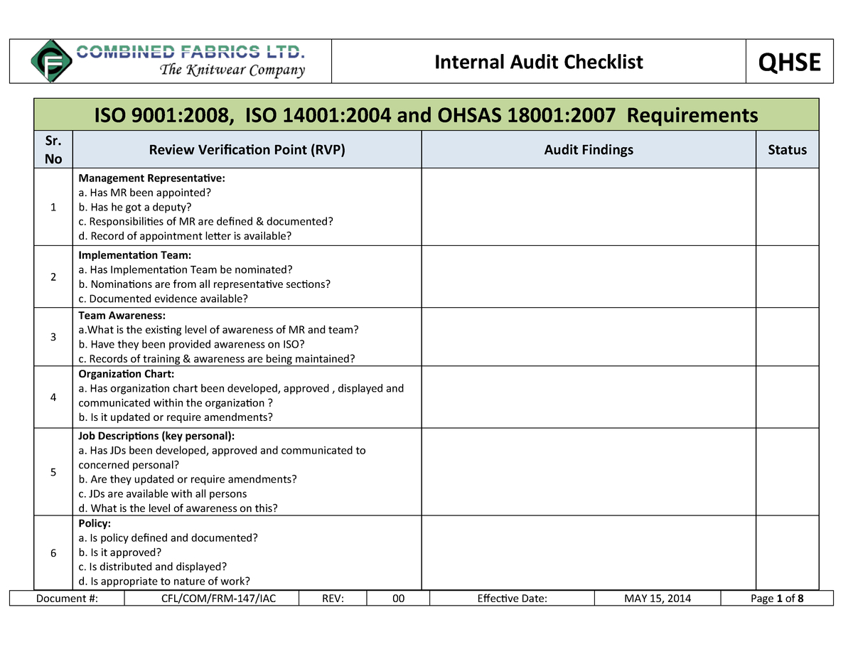 147. Internal Audit Checklist – – Studocu For Iso 9001 Internal Audit Report Template