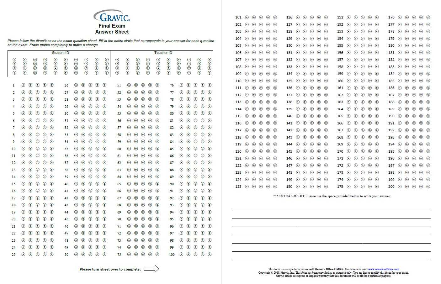 200 Question Test Answer Sheet With Extra Credit And Grid Id Within Blank Answer Sheet Template 1 100
