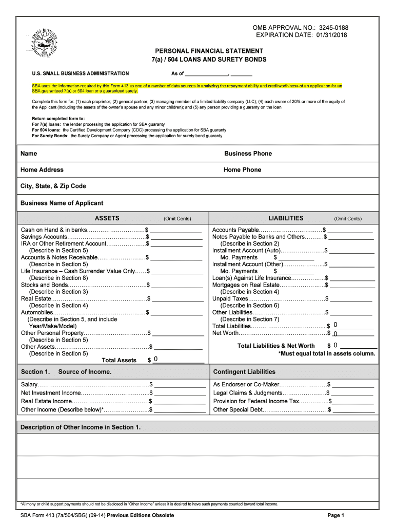 2014 2020 Form Sba 413 Fill Online, Printable, Fillable In Blank Personal Financial Statement Template