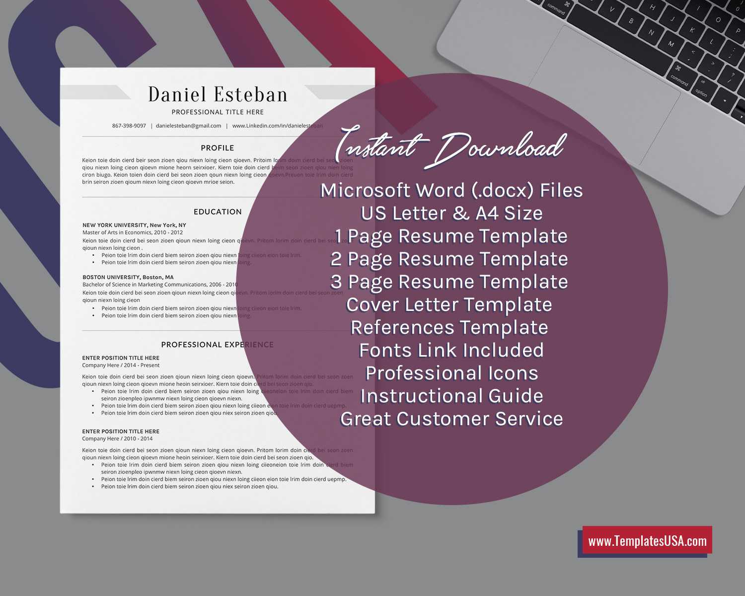 2020 Professional Ms Word Resume Template Curriculum Vitae, Simple Cv  Template, Minimalist Resume, Editable Resume, College Student Resume, 1 3  Page In College Student Resume Template Microsoft Word