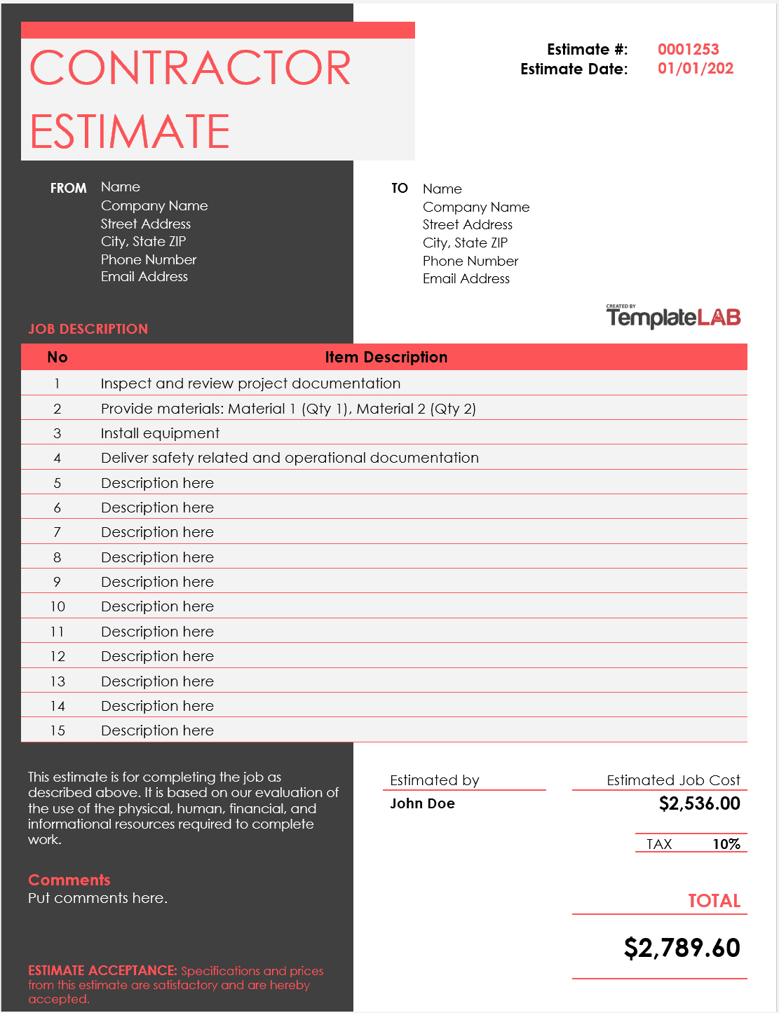 28 Free Estimate Template Forms [Construction, Repair In Work Estimate Template Word
