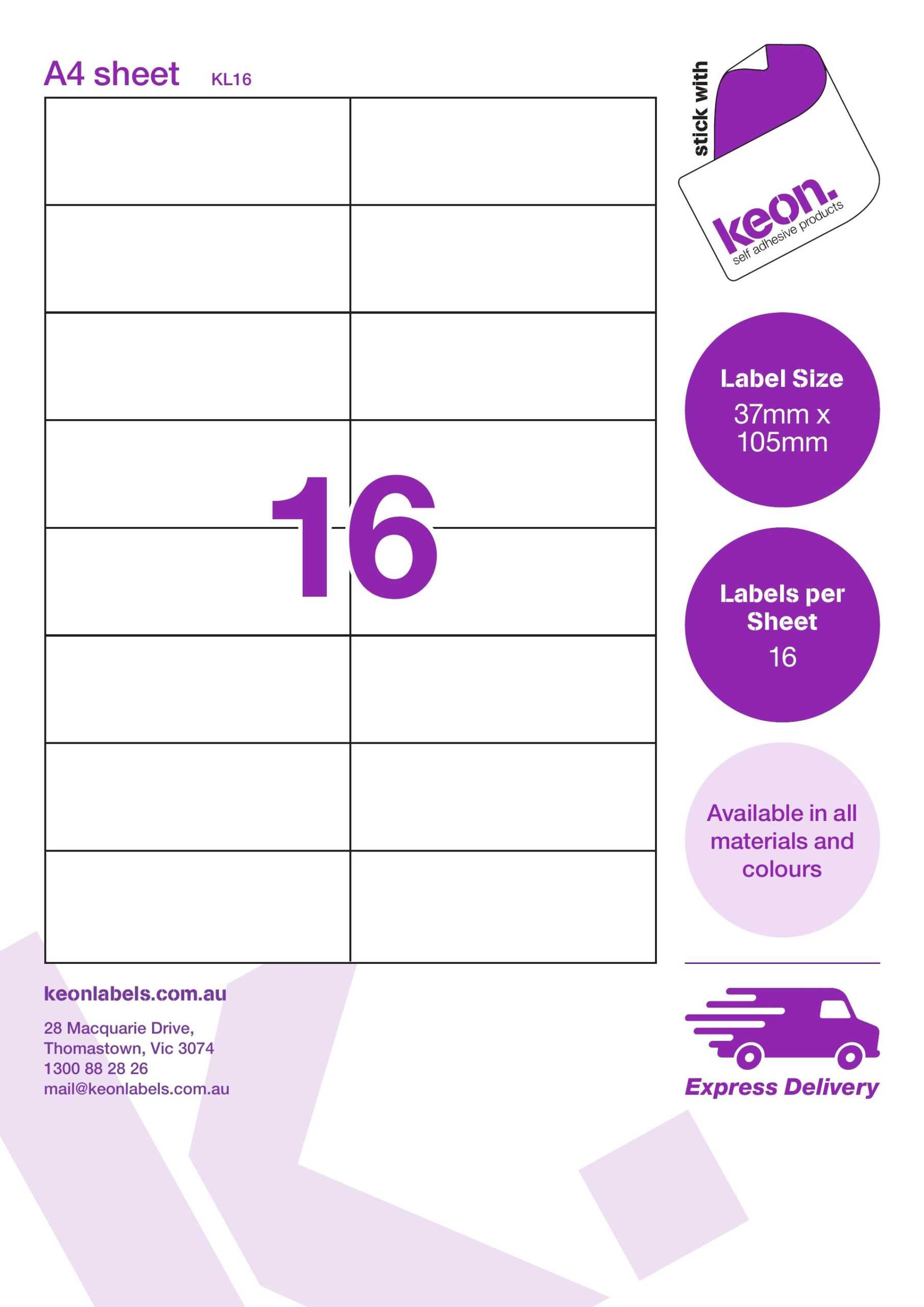 37Mm X 105Mm 16 Labels Per Sheet (Matt Removable Bulk Pack) Kl16Rb Intended For Word Label Template 16 Per Sheet A4