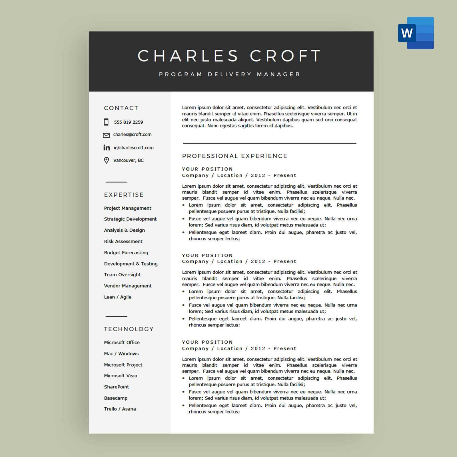 4 Page Resume / Cv Template Package For Microsoft™ Word - The 'charlie' Regarding Microsoft Word Resumes Templates