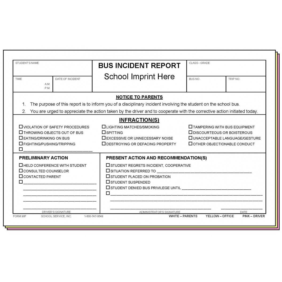 98F – Bus Incident Report W/school Imprint With Regard To School Incident Report Template