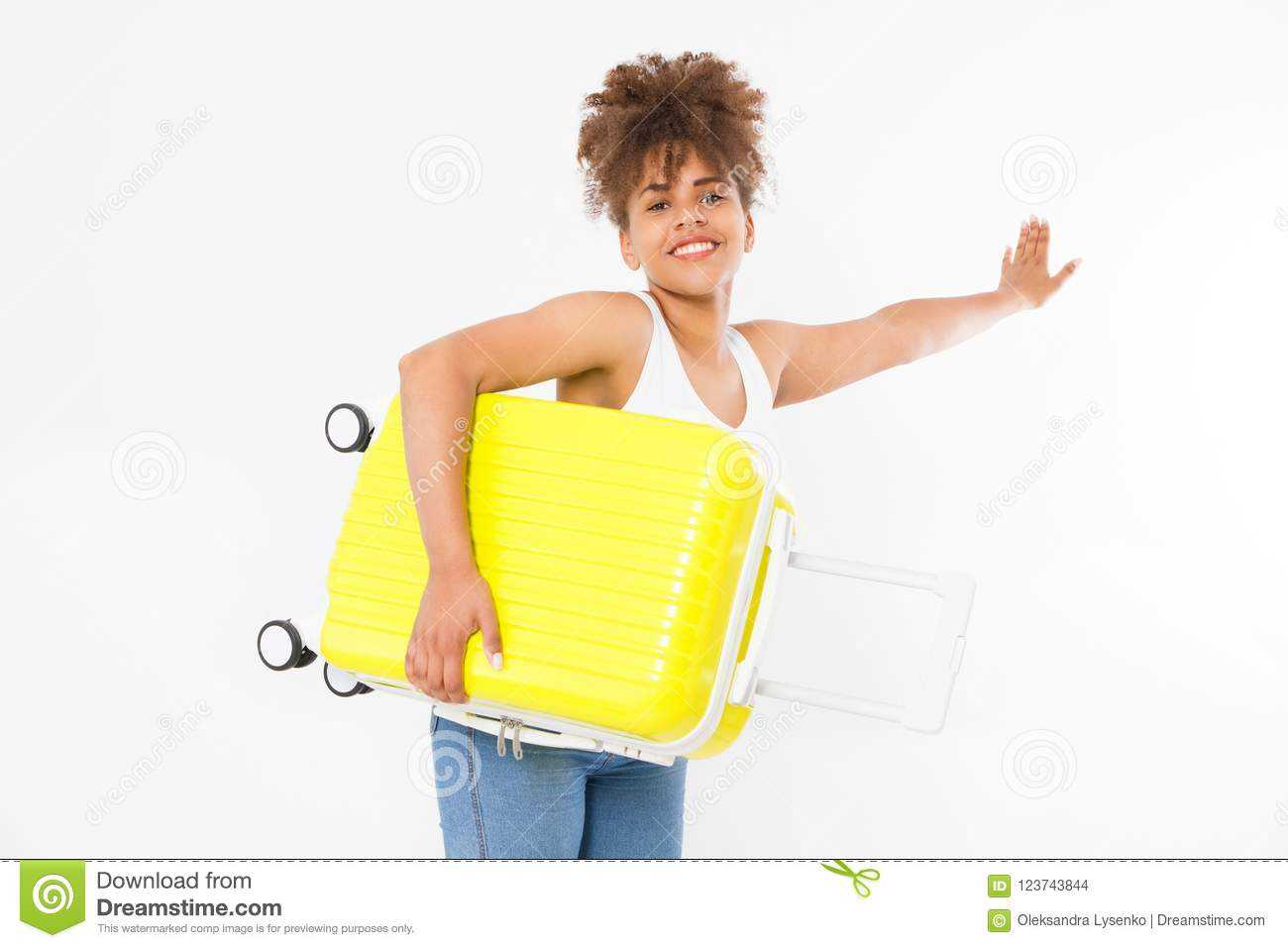 Afro American Woman With Yellow Suitcase Isolated On White Within Blank Suitcase Template