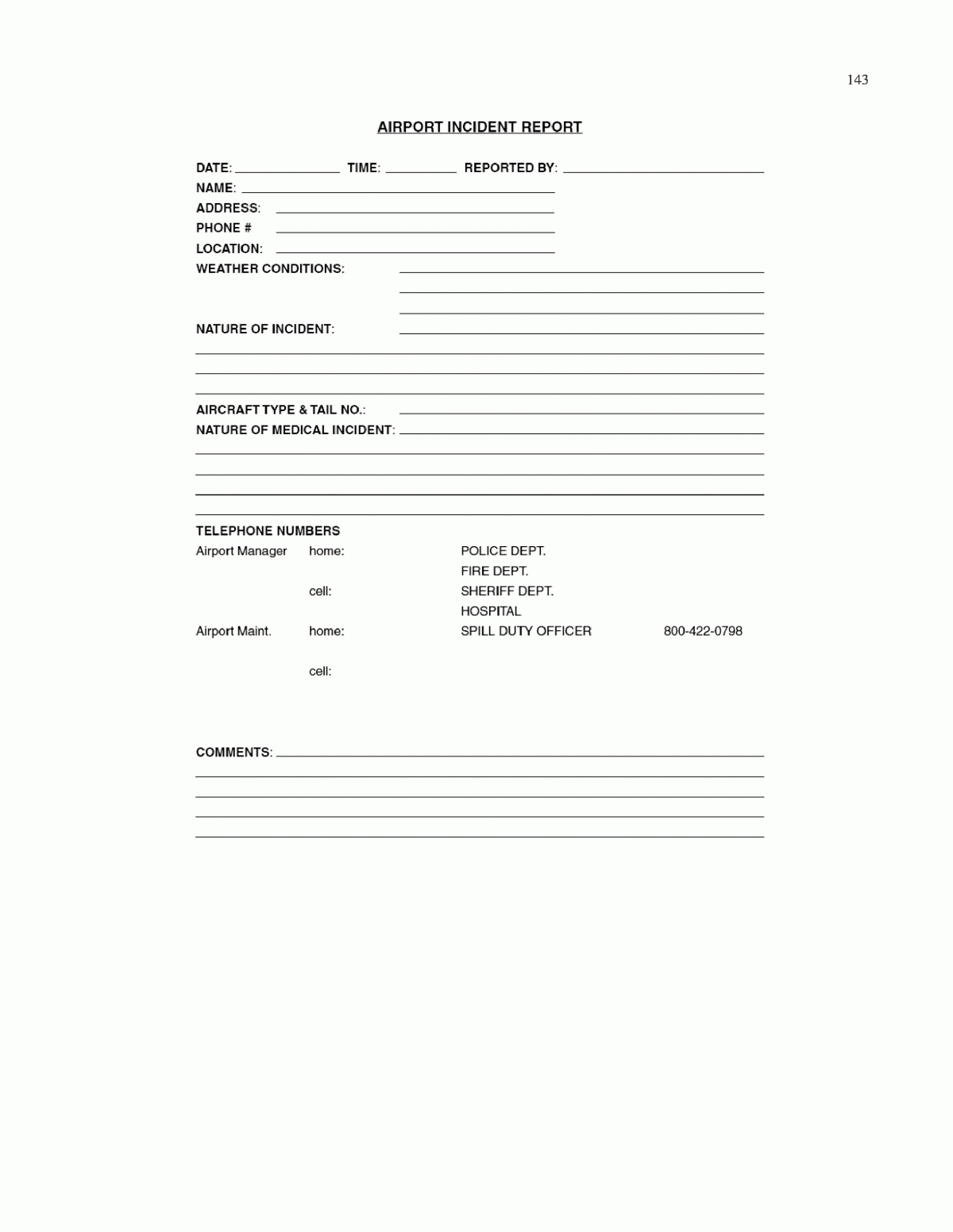 Appendix M – Sample Airport Incident Report Form For Spill Inside Incident Report Book Template