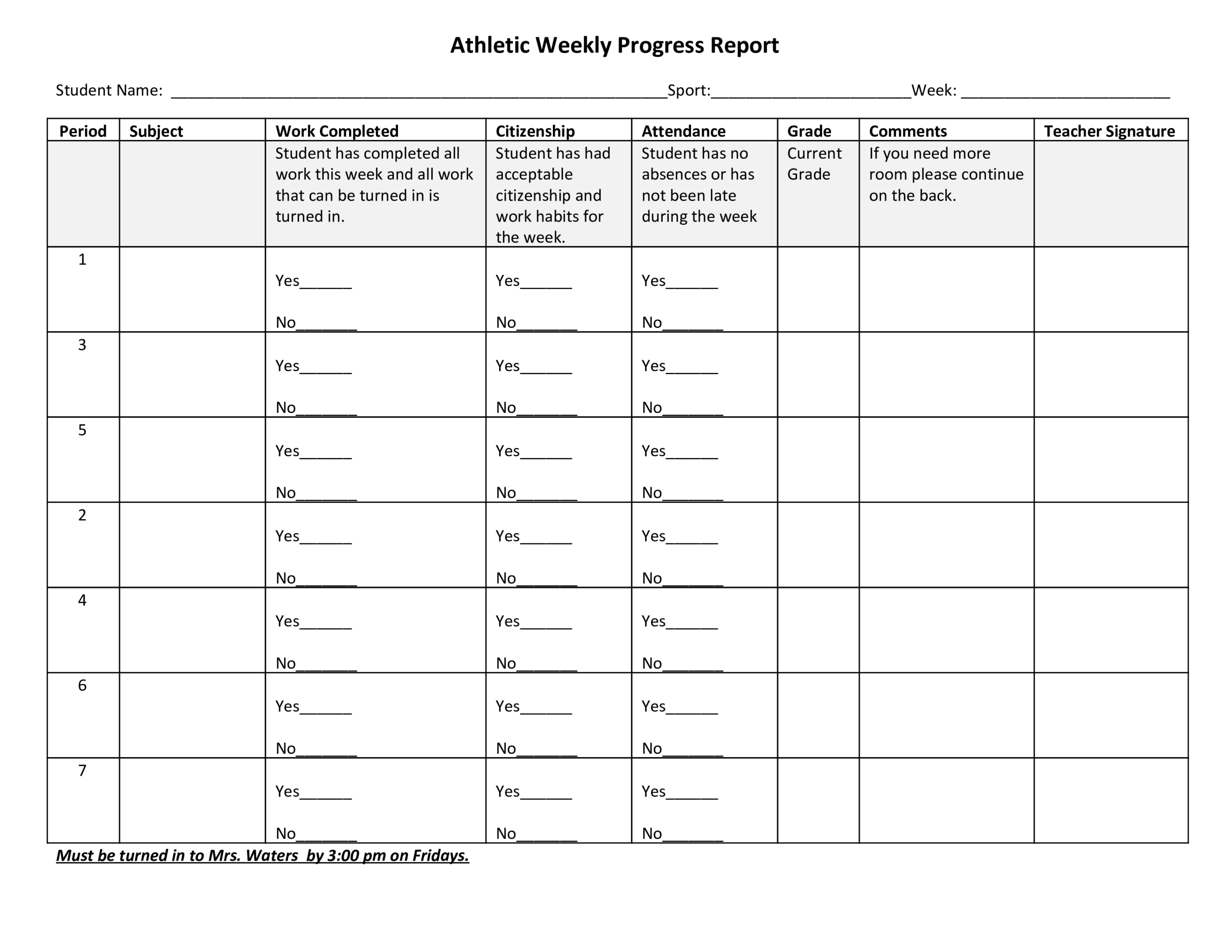 Athletic Weekly Progress Report | Templates At Intended For Student Grade Report Template