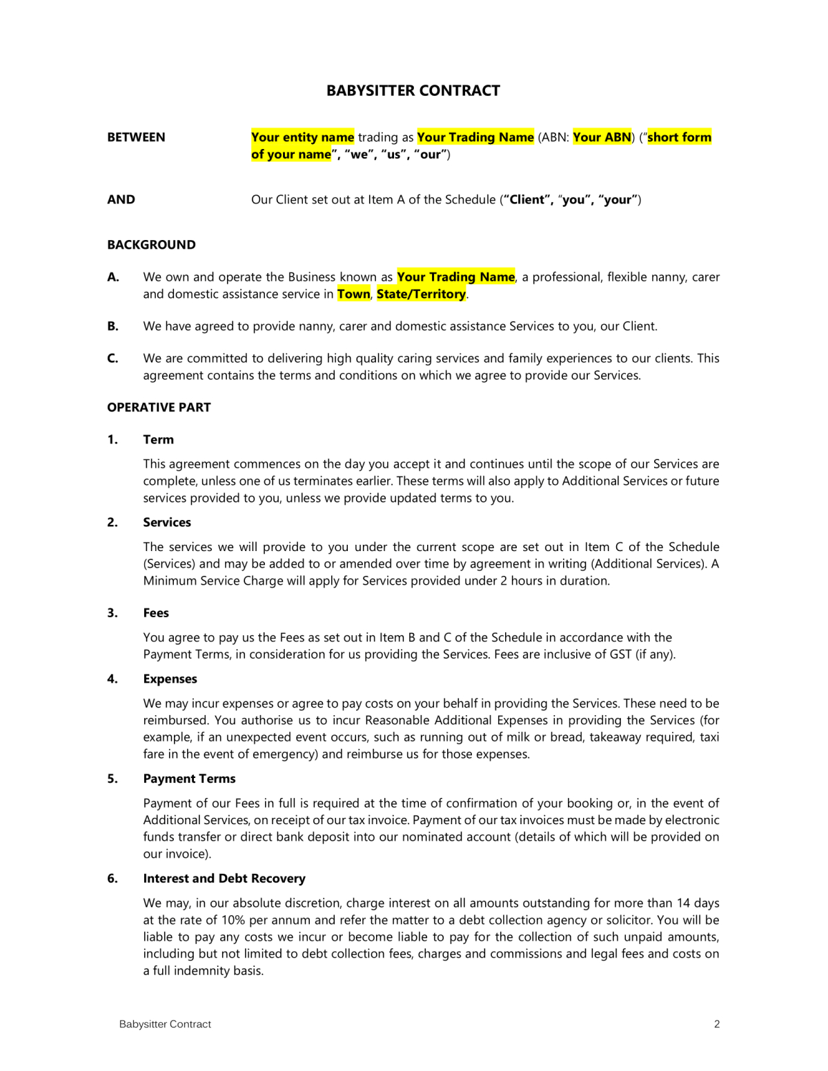 Babysitter Contract Template – Easy Legal Templates With Regard To Nanny Contract Template Word
