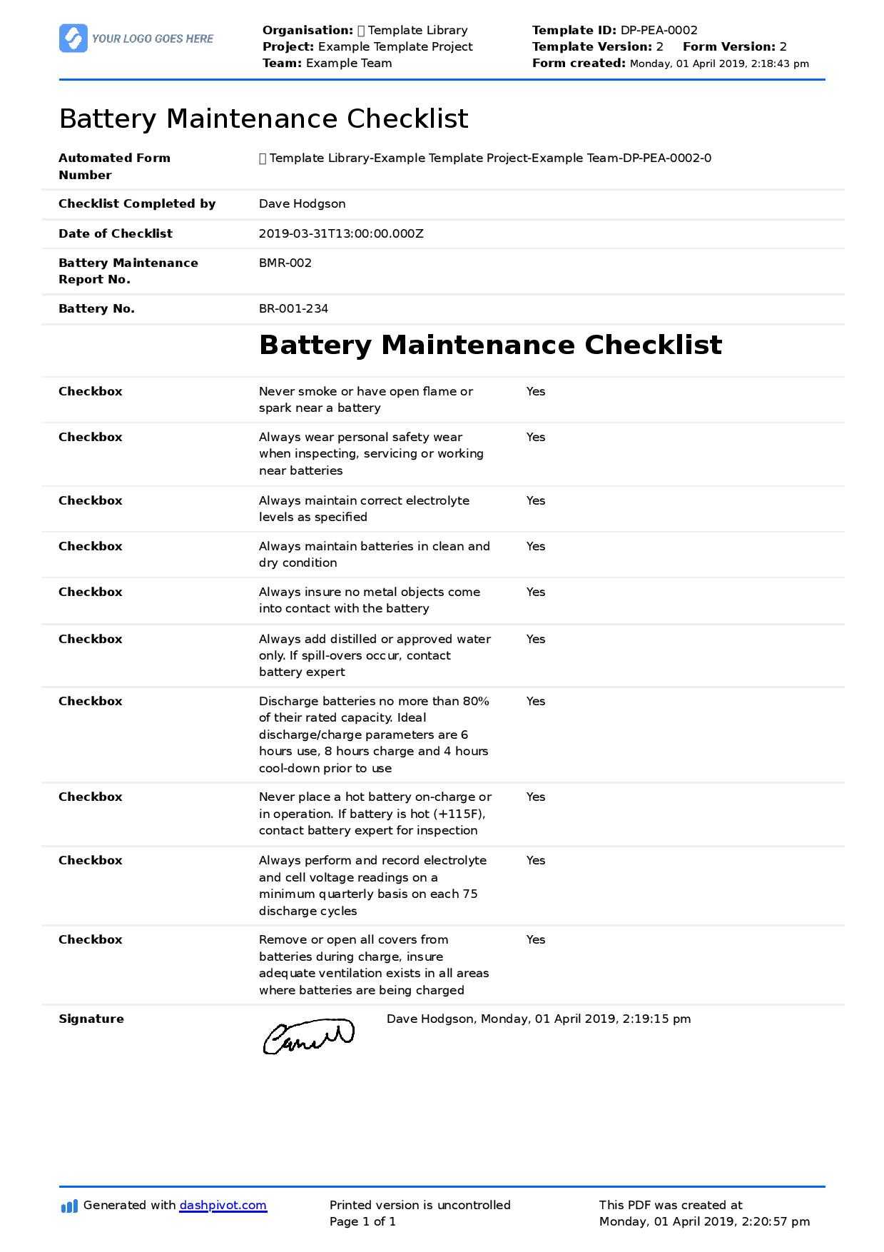 Battery Maintenance Checklist (Forklift, Industrial, Golf With Computer Maintenance Report Template