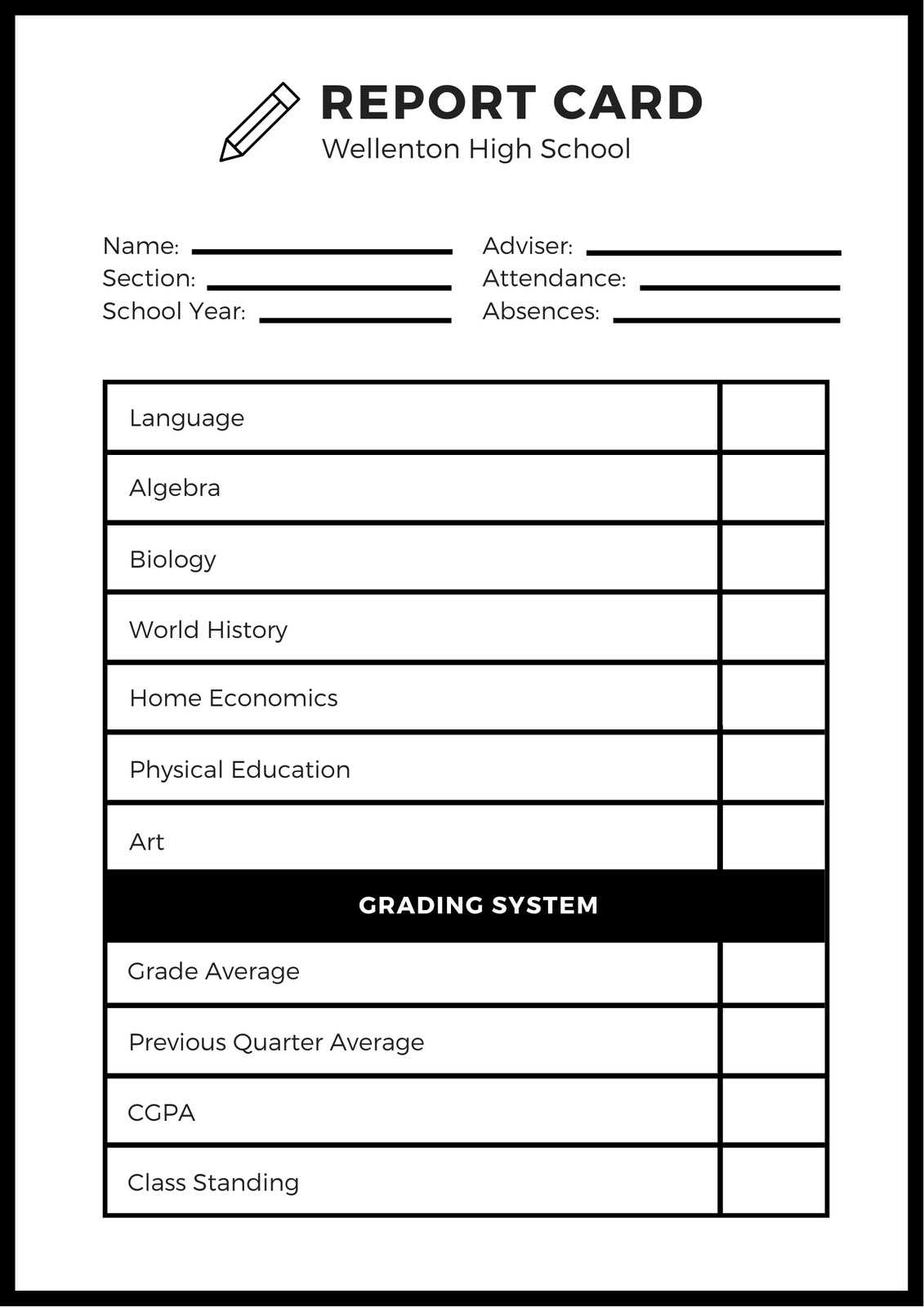 Black And White High School Report Card – Templatescanva Regarding High School Report Card Template