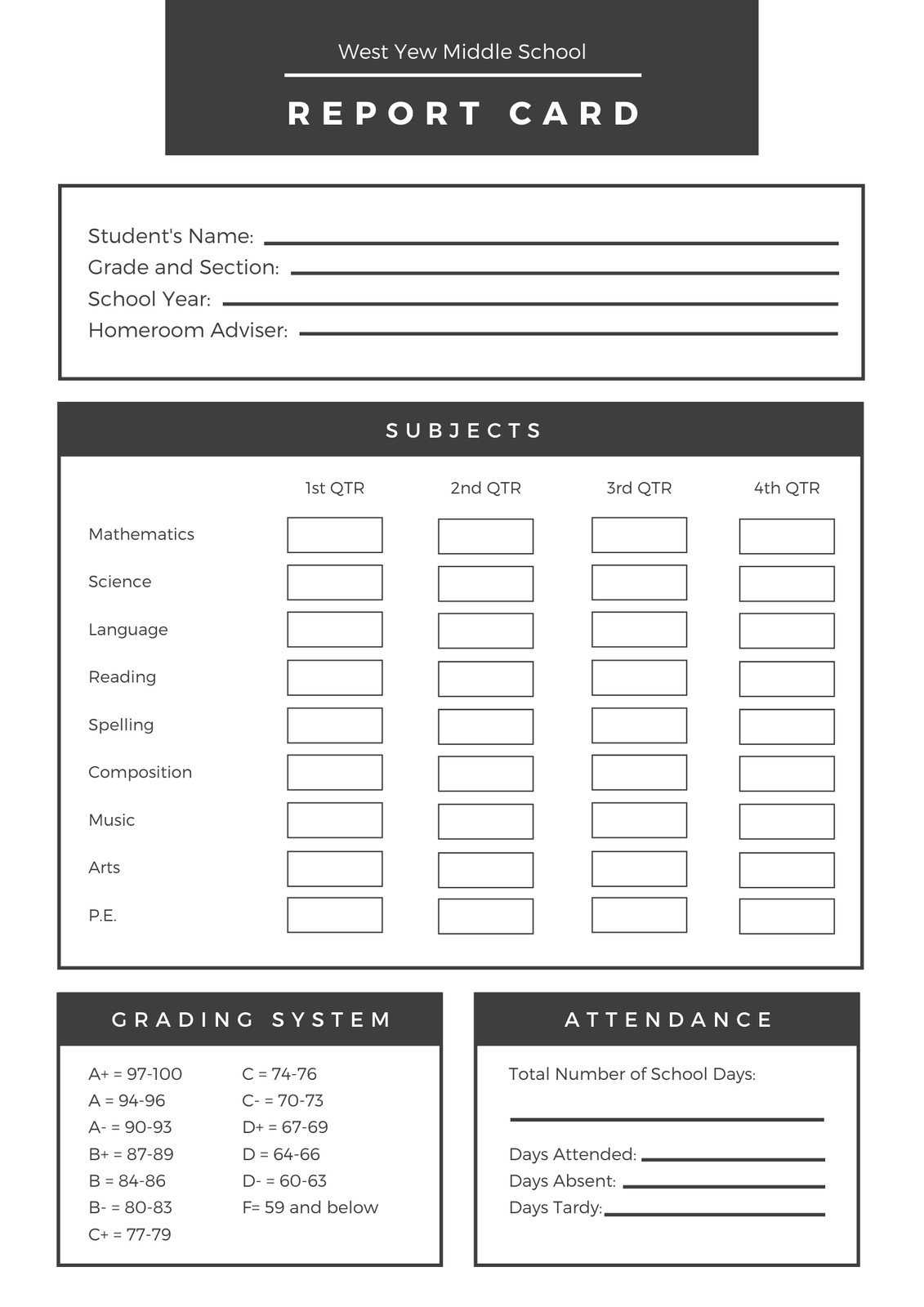 Black White Middle School Report Card - Templatescanva Inside Middle School Report Card Template