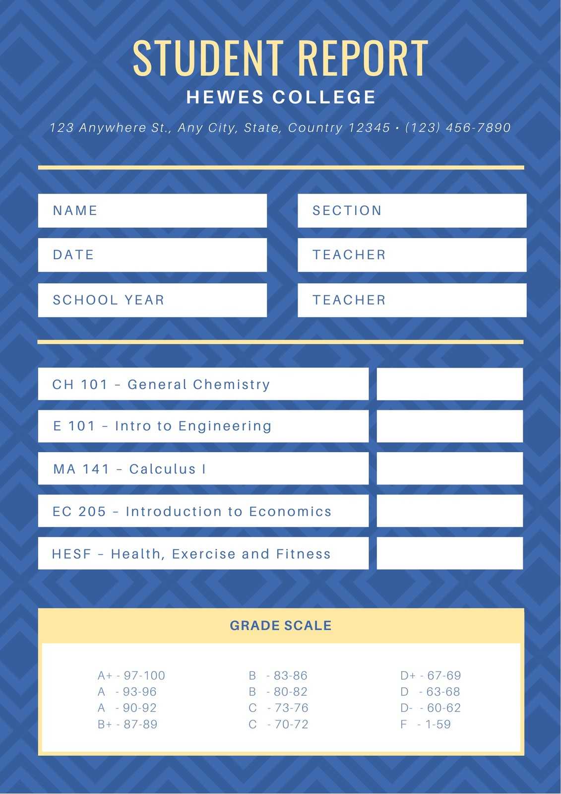 Blue Diamond Pattern College Report Card – Templatescanva In College Report Card Template