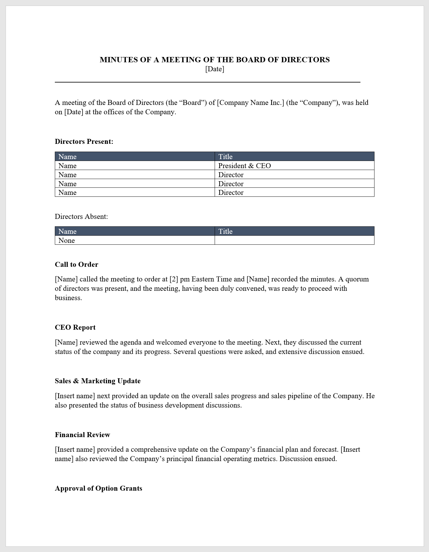 Board Meeting Minutes Template – Download From Cfi Marketplace Inside Ceo Report To Board Of Directors Template