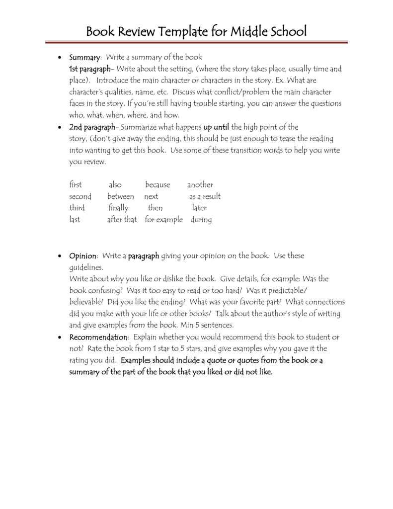 Book Review Template For Middle School Within Middle School Book Report Template