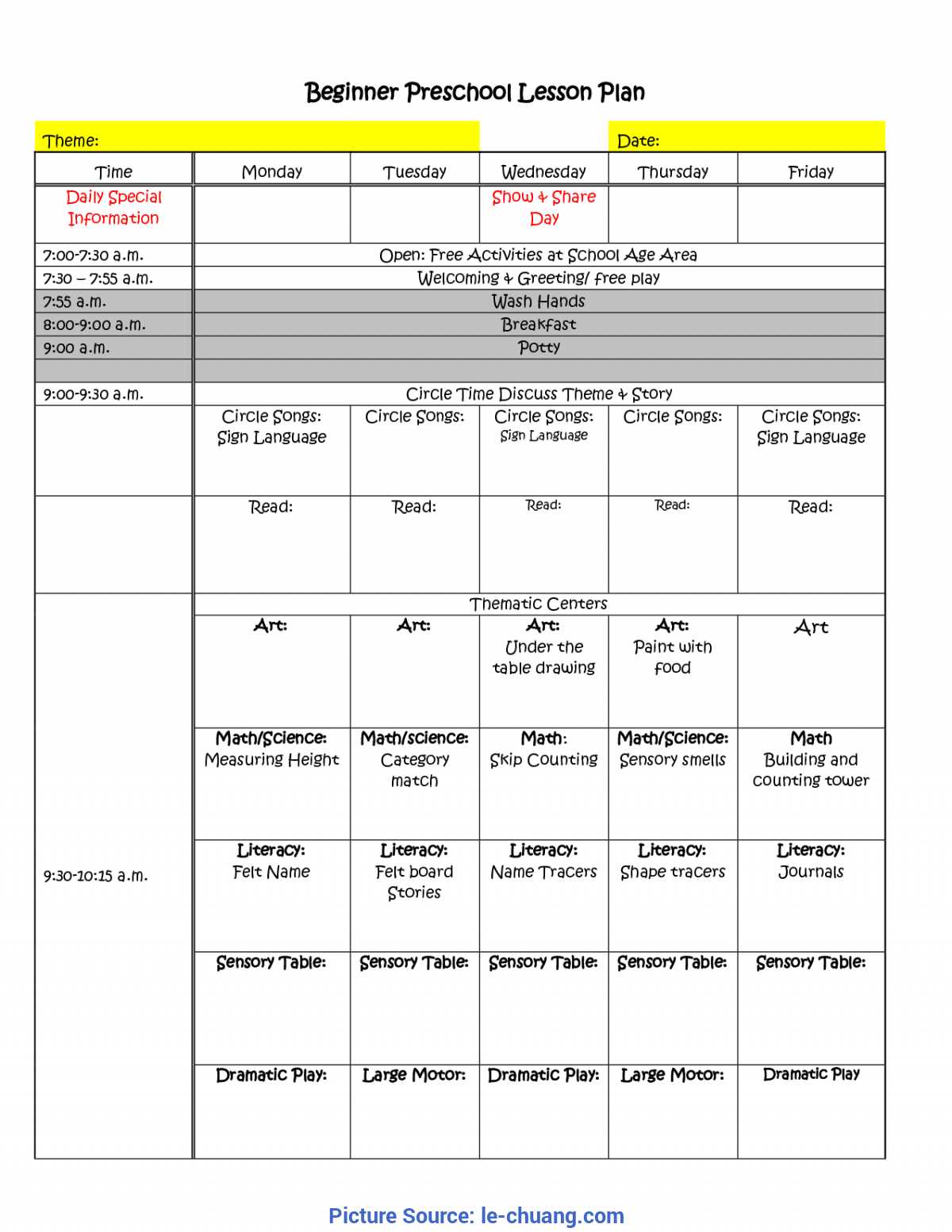 Briliant Lesson Plan For Teachers Of Preschool Free Throughout Blank Preschool Lesson Plan Template