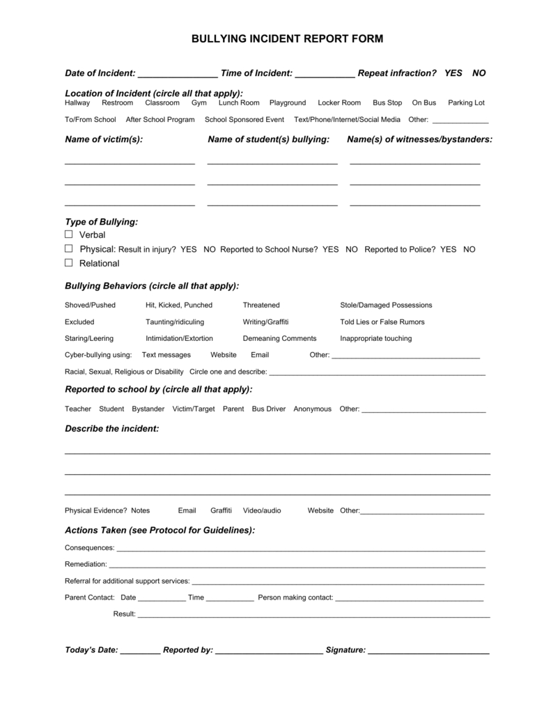 Bullying Incident Report Template – Dalep.midnightpig.co For Itil Incident Report Form Template
