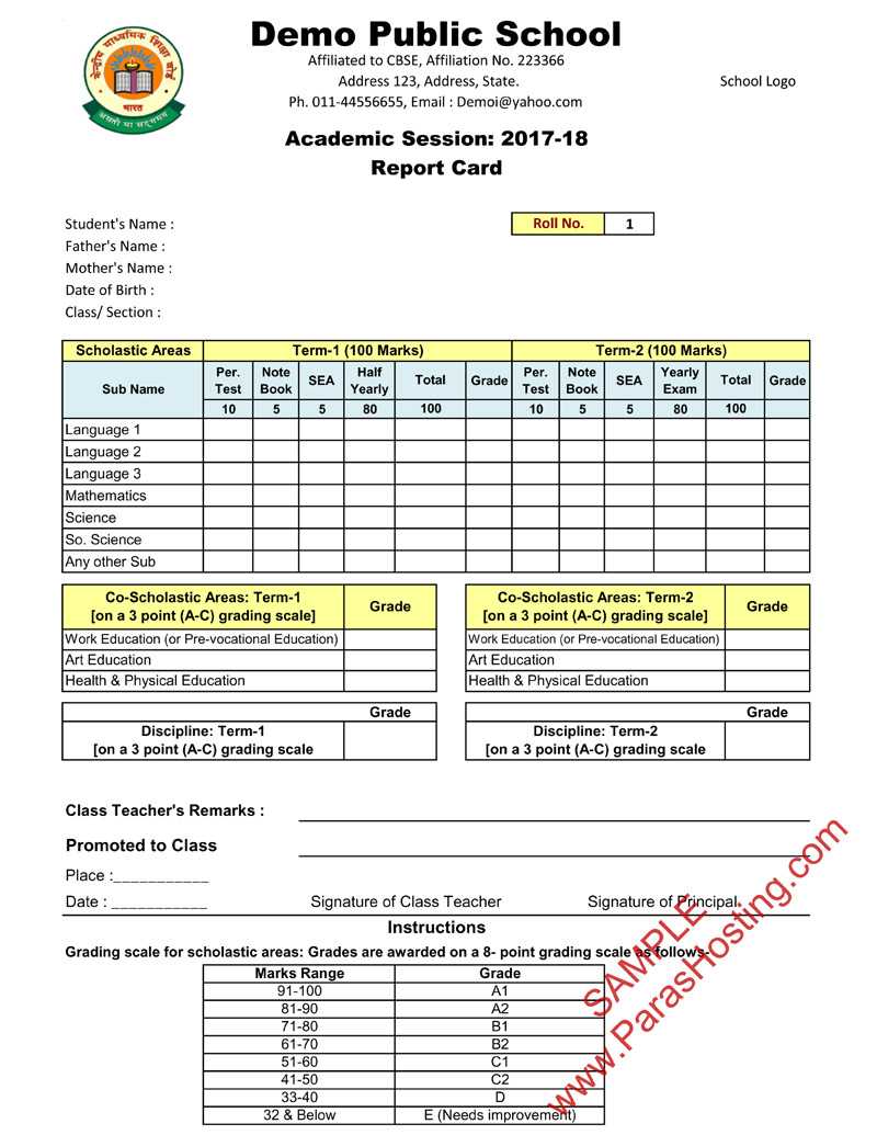 Cbse Report Card Format For Primary Classes  I To V For High School Student Report Card Template