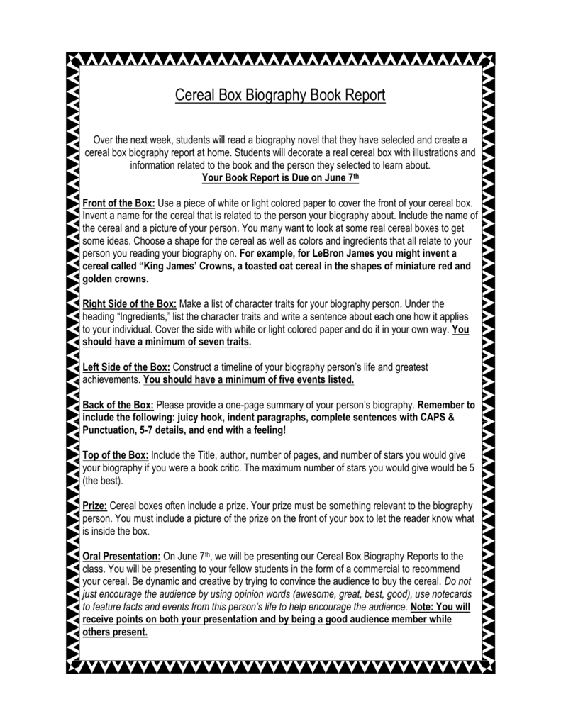 Cereal Box Biography Book Report For Biography Book Report Template
