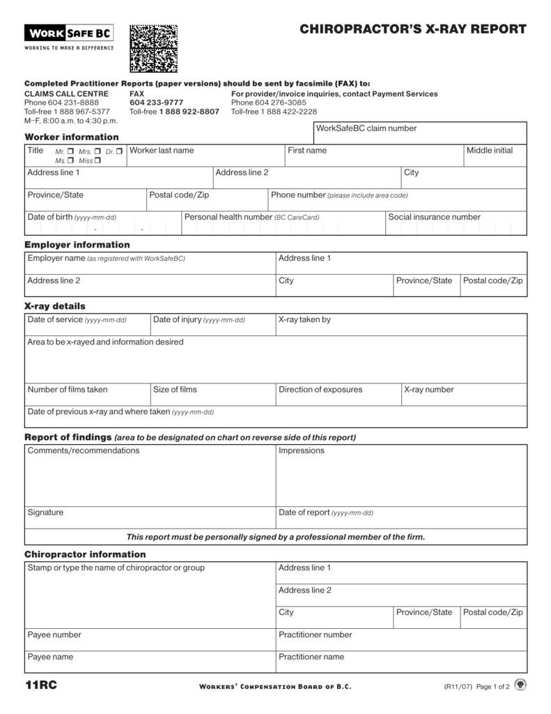 Chiropractor's X Ray Report (Form 11Rc) Pertaining To Chiropractic X Ray Report Template