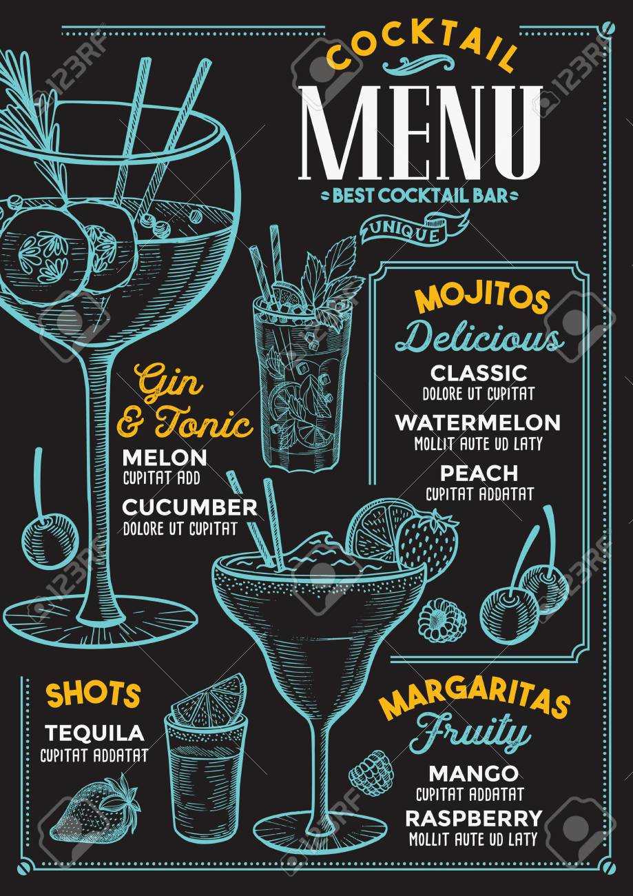 Cocktail Bar Menu. Vector Drinks Flyer For Restaurant And Cafe Within Cocktail Menu Template Word Free