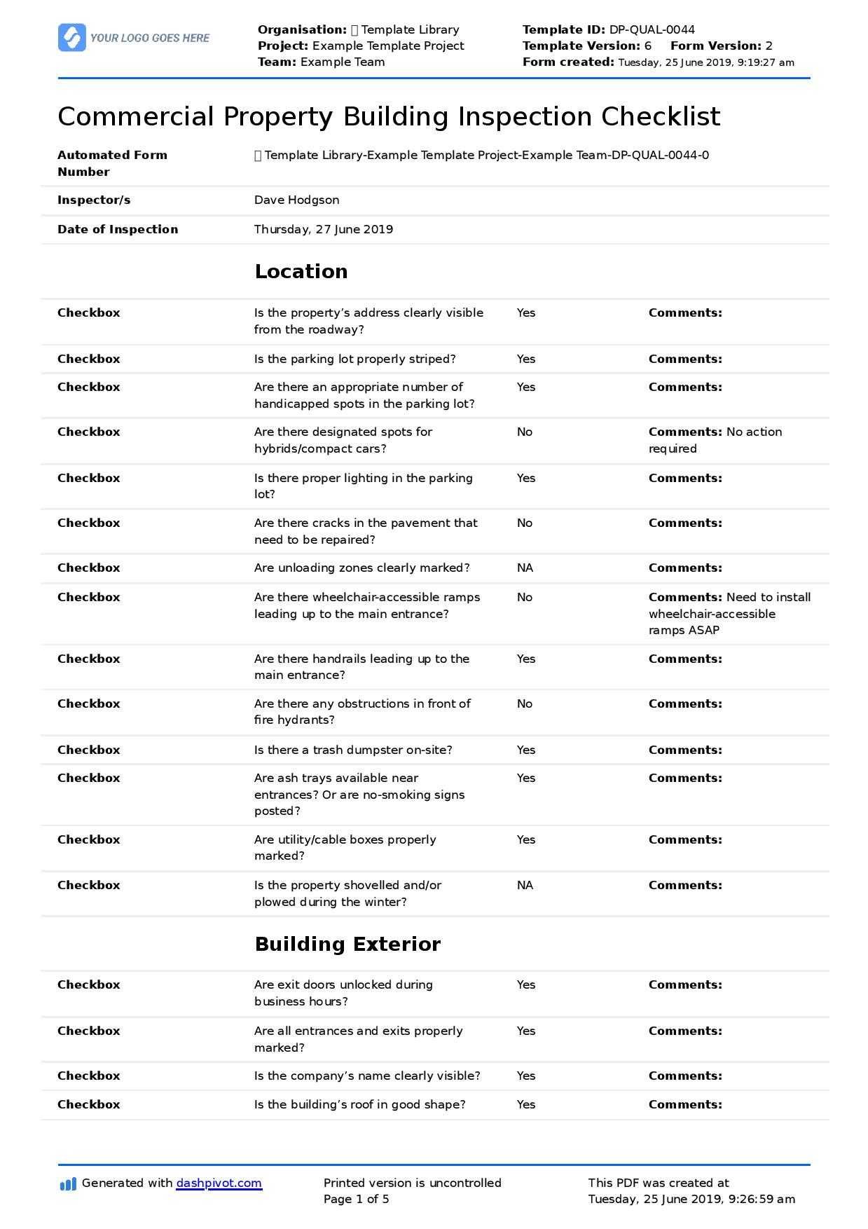 Commercial Property Inspection Checklist Template (Use It Intended For Home Inspection Report Template Free