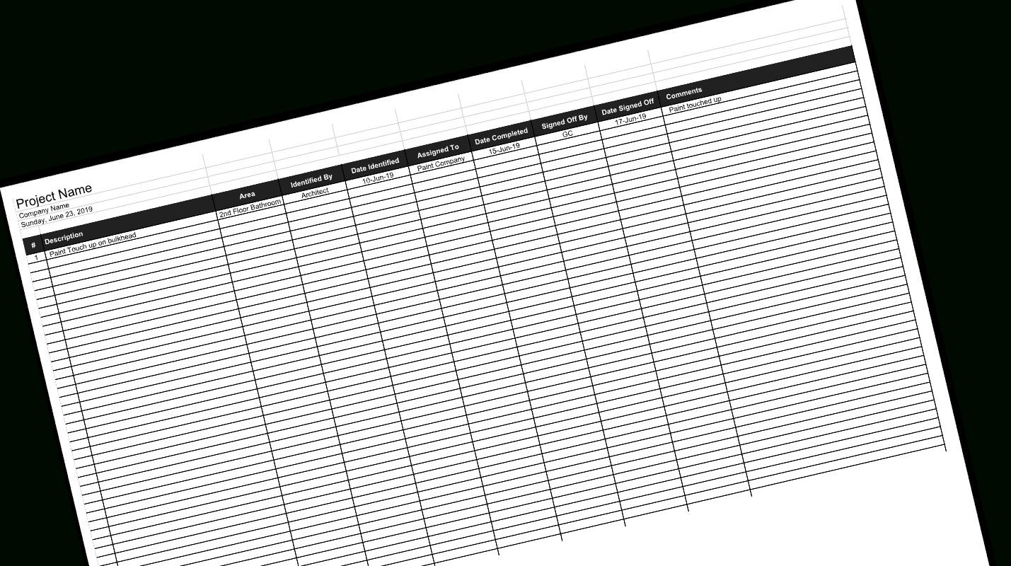 Construction Deficiency Log And Punch List Template In Construction Deficiency Report Template