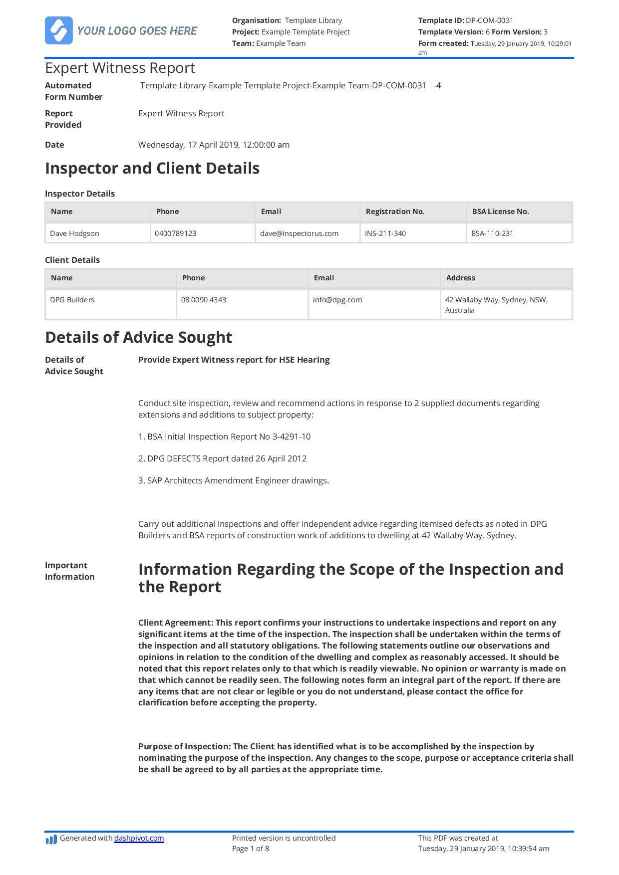 Construction Expert Witness Report Example And Editable Template Regarding Expert Witness Report Template