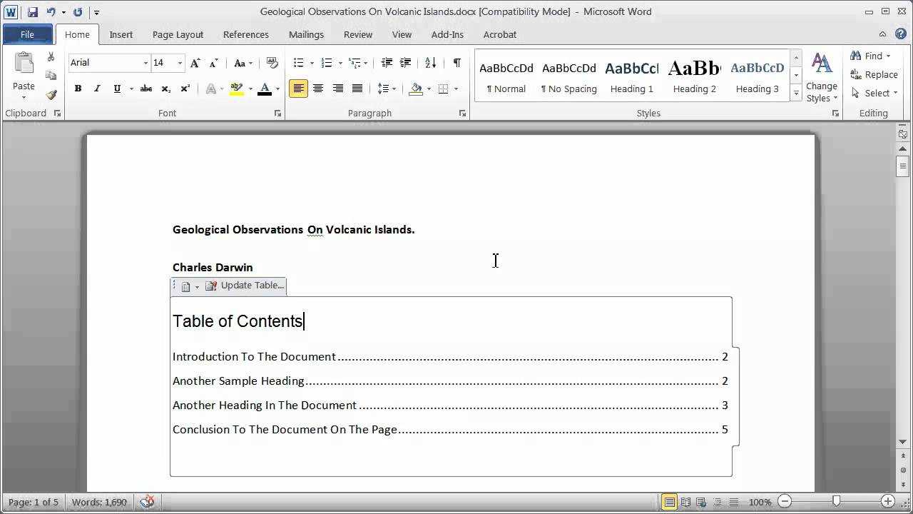 Creating A Table Of Contents In A Word Document - Part 1 Pertaining To Contents Page Word Template