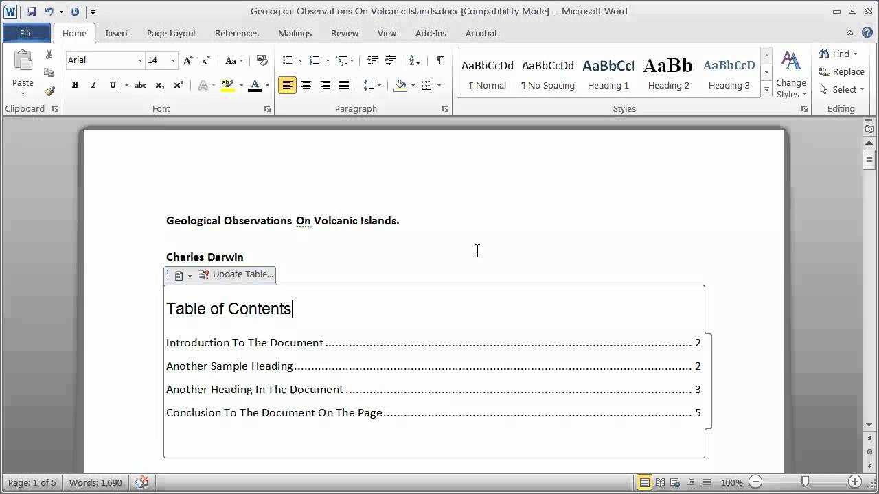 Creating A Table Of Contents In A Word Document – Part 1 Pertaining To Contents Page Word Template