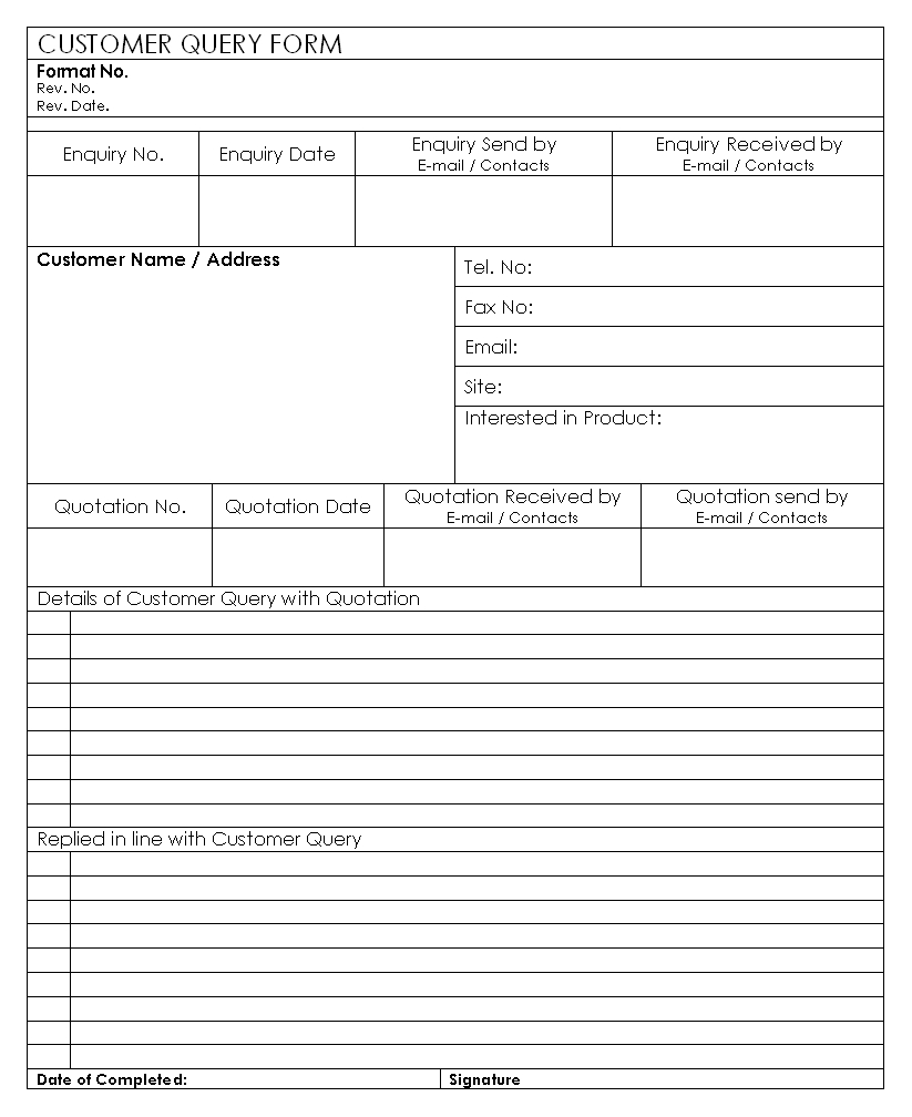Customer Query Form Format Inside Enquiry Form Template Word