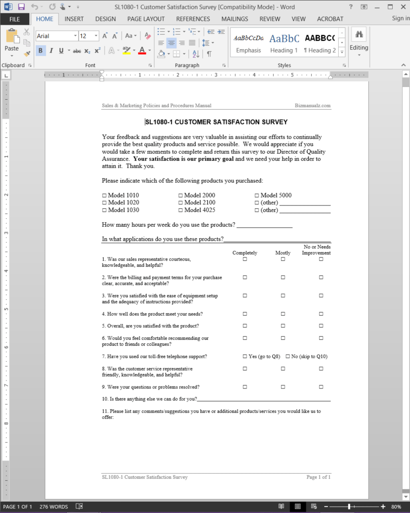 Customer Satisfaction Survey Template | Sl1080 1 In Employee Satisfaction Survey Template Word