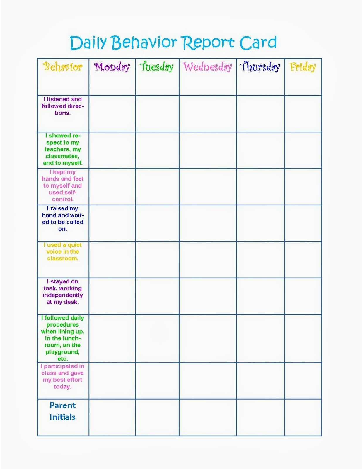 Daily Behavior Chart – Dalep.midnightpig.co Inside Daily Report Card Template For Adhd