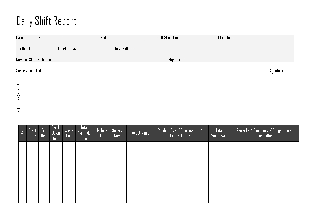 Daily Shift Report - Pertaining To Shift Report Template