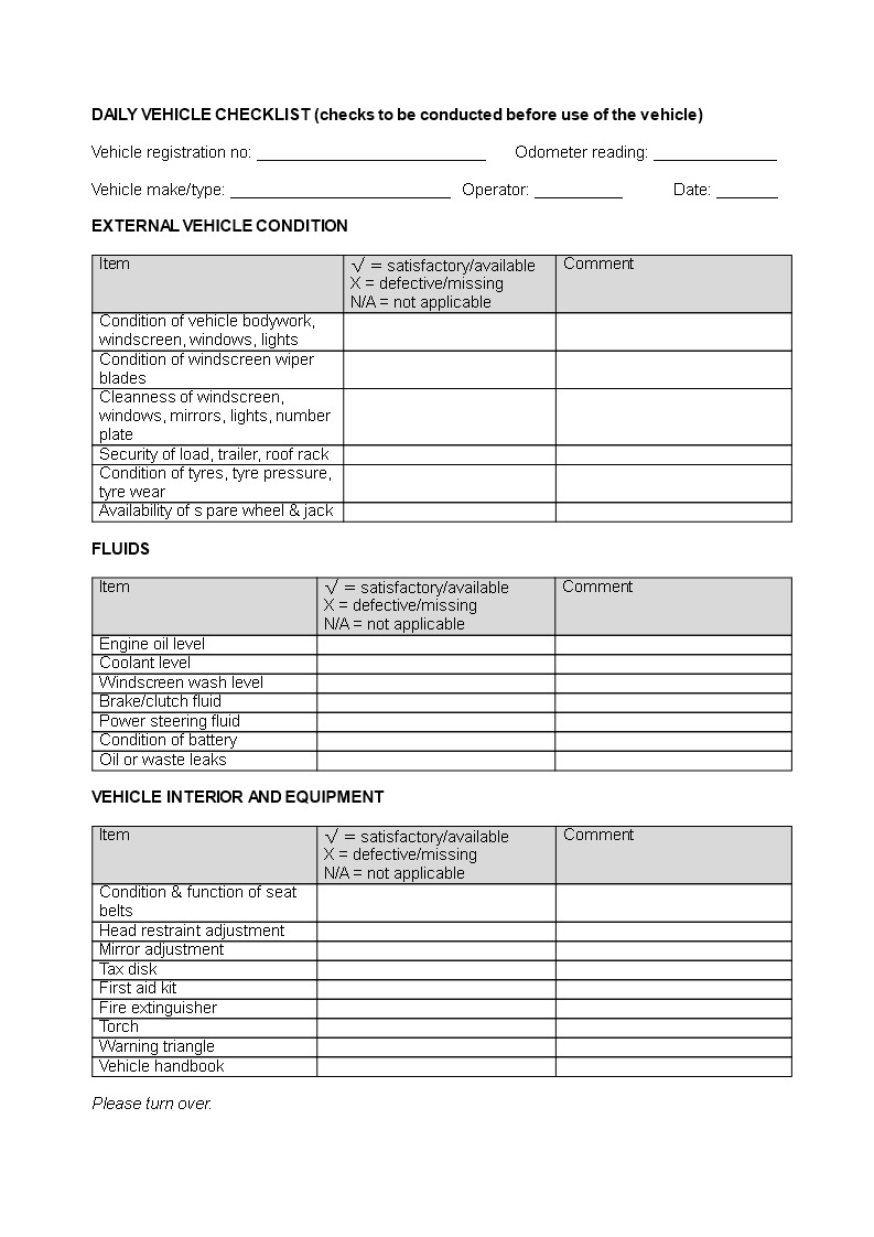 Daily Vehicle Checklist Word | Templates At Intended For Vehicle Checklist Template Word