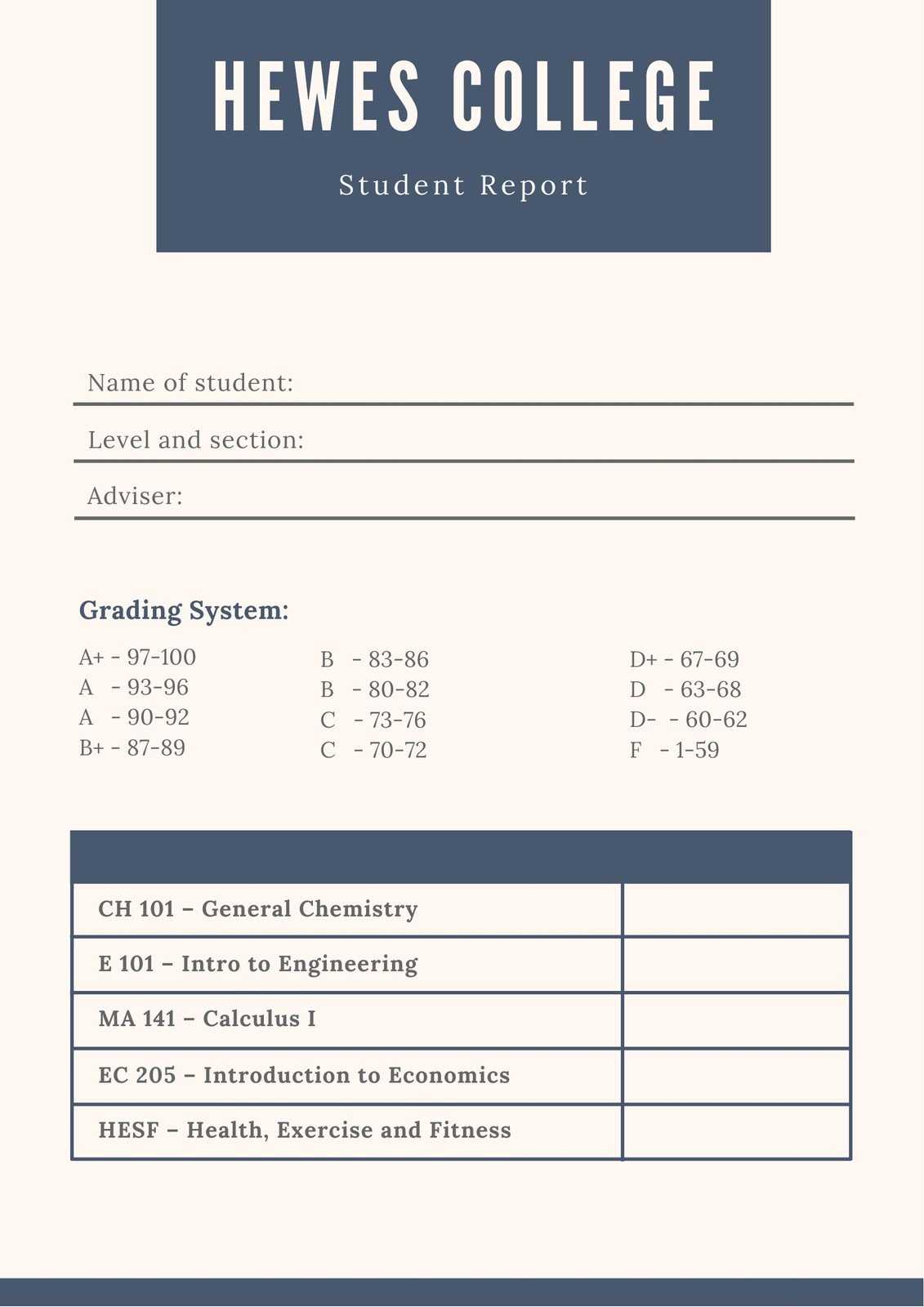 Dark Blue And Cream Simple College Report Card – Templates Throughout College Report Card Template