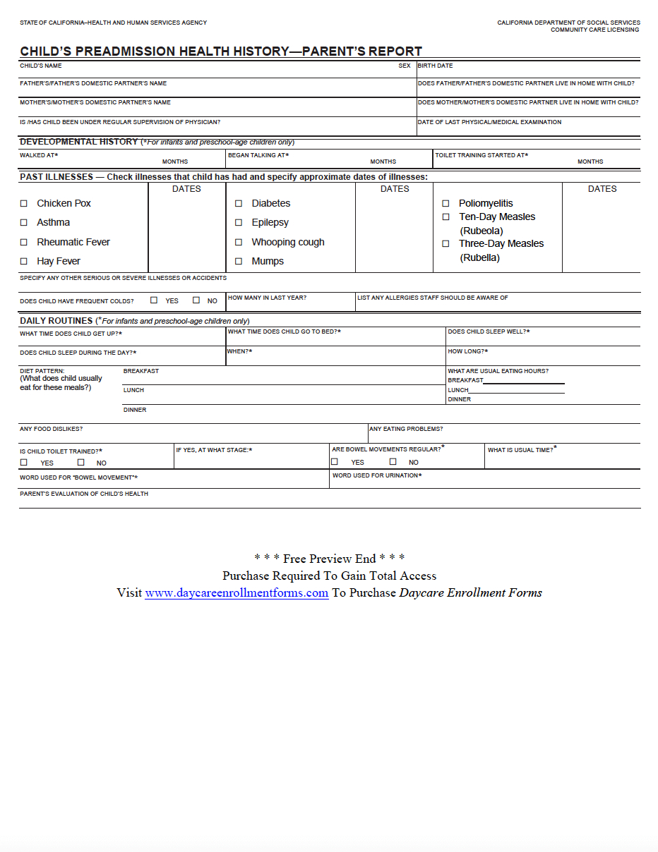 Daycare Enrollment Forms: Child Care Registration Forms With Daycare Infant Daily Report Template