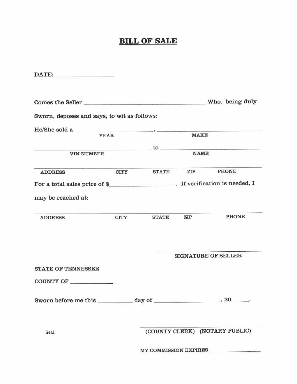 Download Free Tennessee Vehicle Bill Of Sale Form | Form Regarding Vehicle Bill Of Sale Template Word