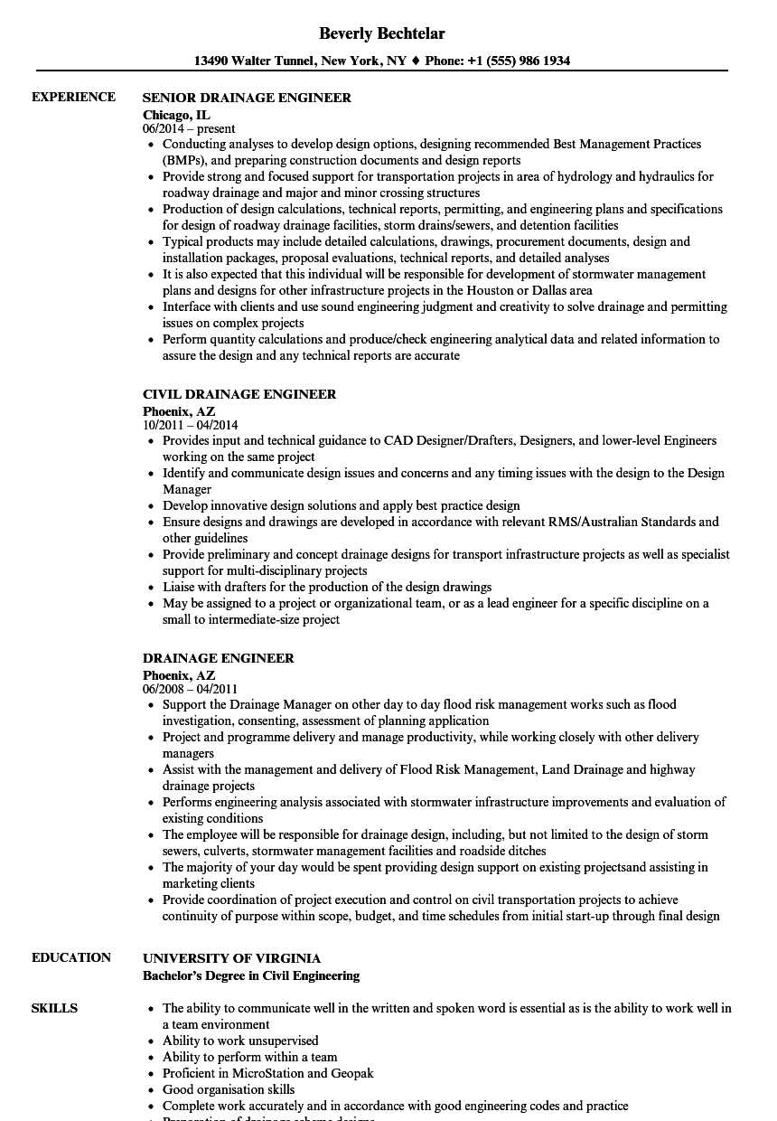 Drainage Engineer Resume Samples | Velvet Jobs With Drainage Report Template