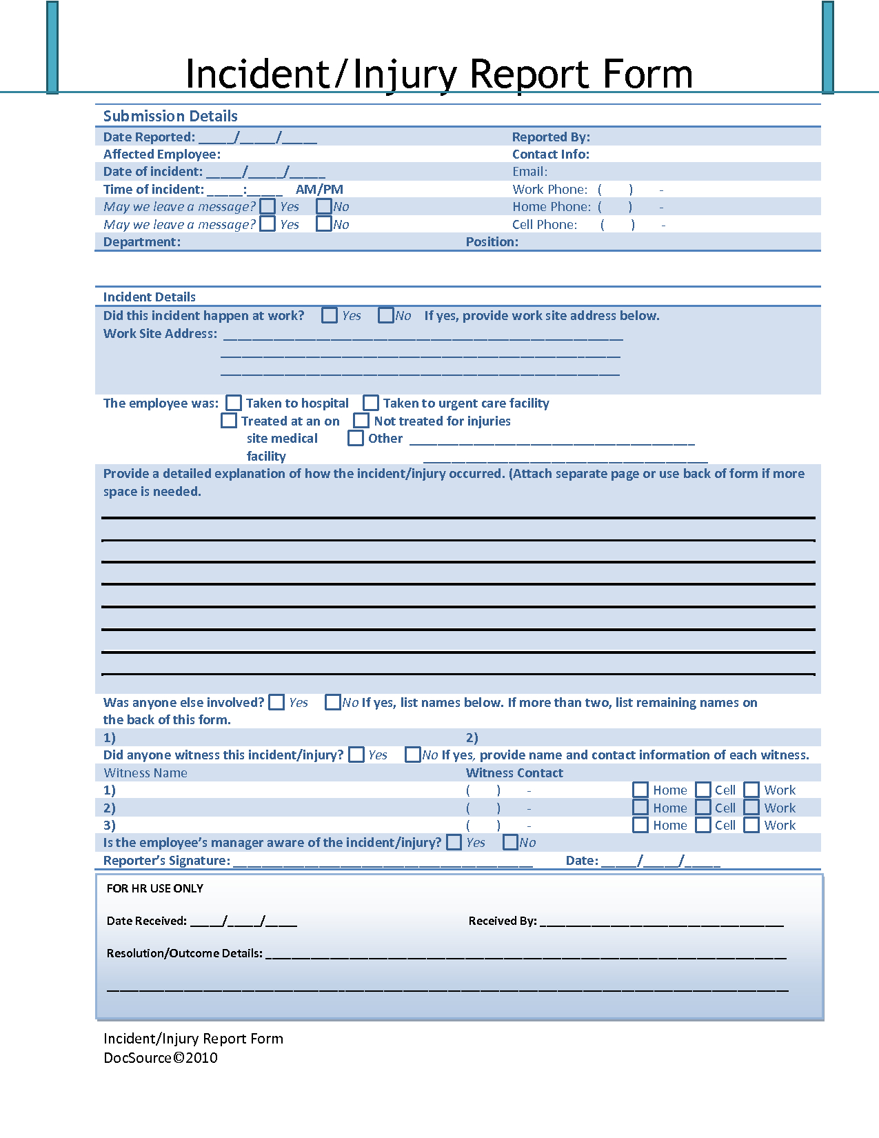 Effective Accident Injury Report Form Template With Blue With Incident Report Form Template Word