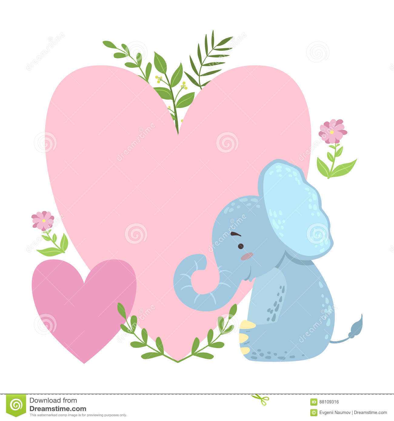 Elephant With Two Big Hearts And Plants Vector Sticker Inside Blank Elephant Template
