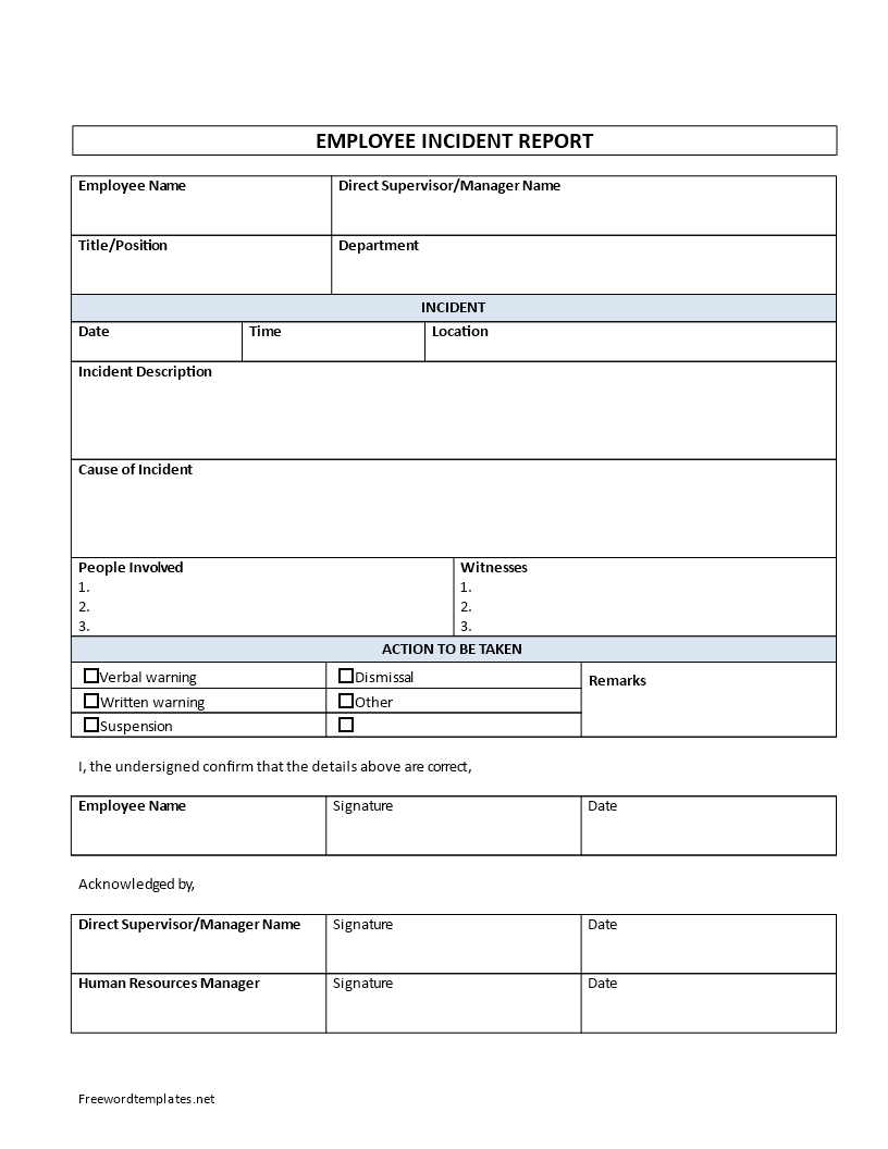 Employee Incident Report Sample | Templates At Throughout Employee Incident Report Templates