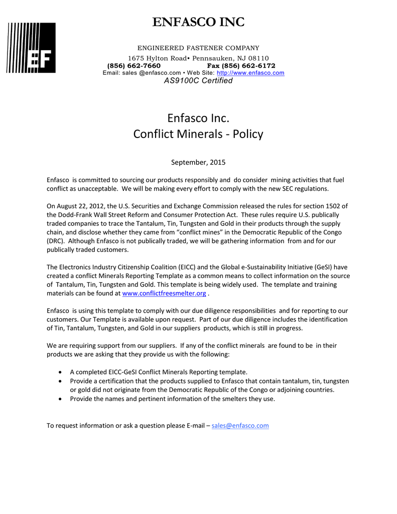 Enfasco Inc Enfasco Inc. Conflict Minerals – Policy | Manualzz Regarding Conflict Minerals Reporting Template