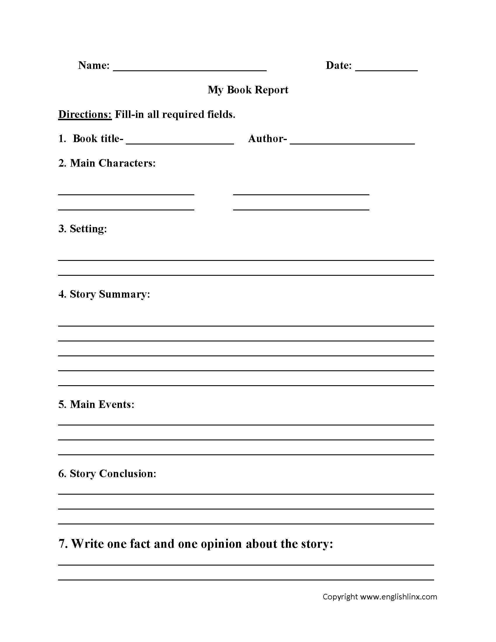 Englishlinx | Book Report Worksheets In One Page Book Report Template
