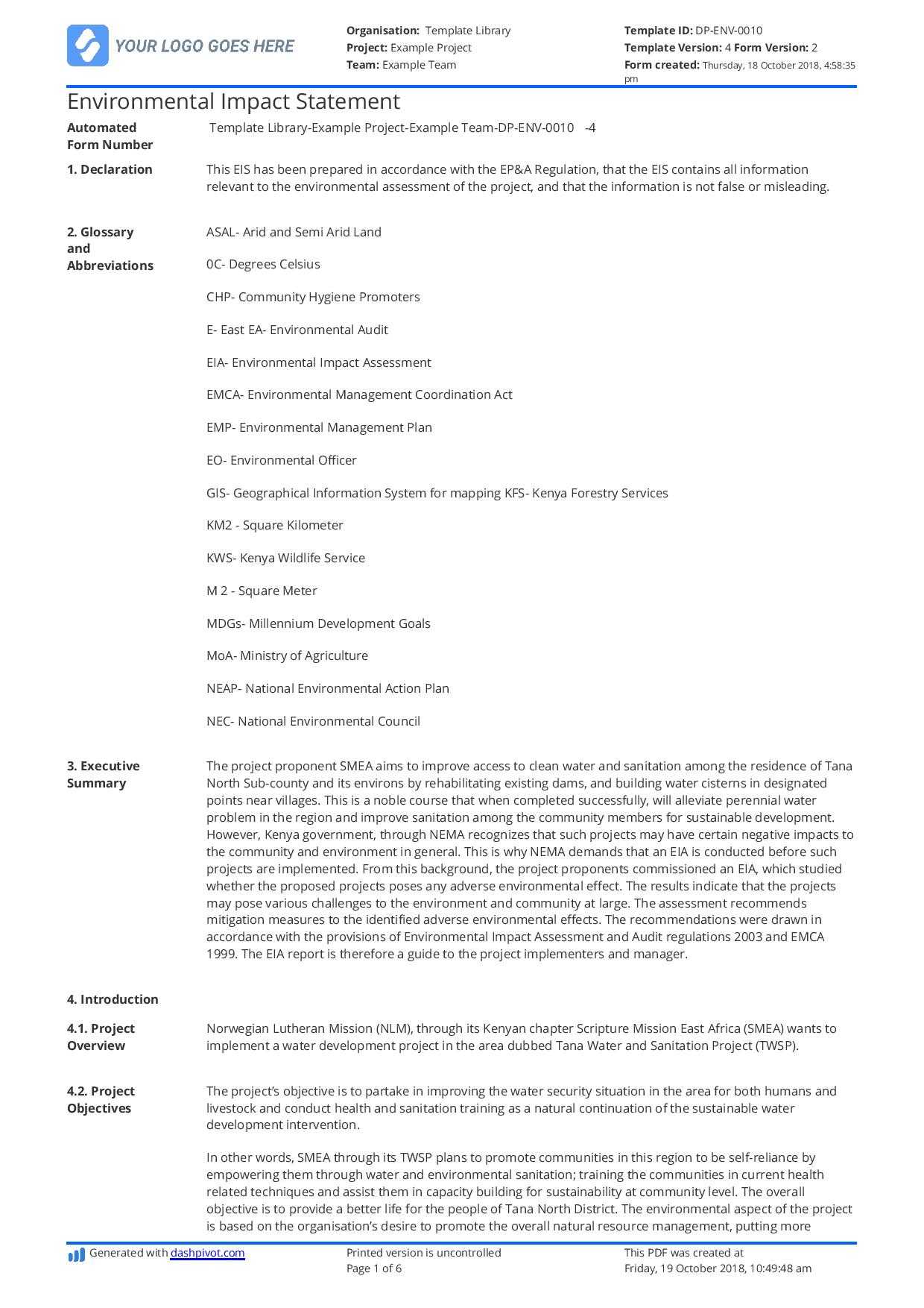 Environmental Impact Statement Example (Free And Customisable) With Regard To Environmental Impact Report Template