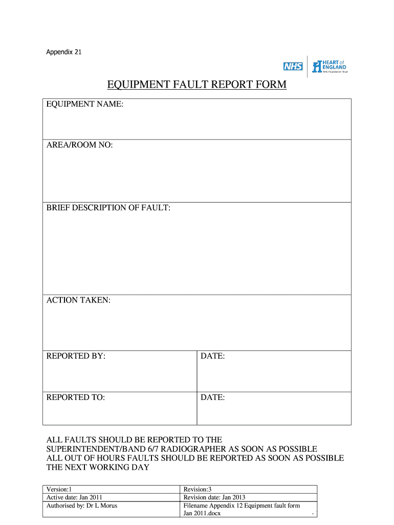Equipment Fault Report – Fill Online, Printable, Fillable With Equipment Fault Report Template