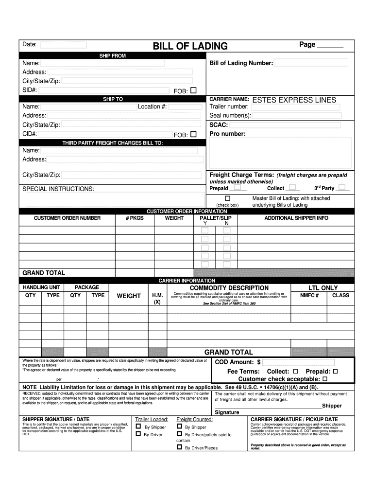 Estes Freight Bill Of Lading – Fill Online, Printable Within Blank Bol Template
