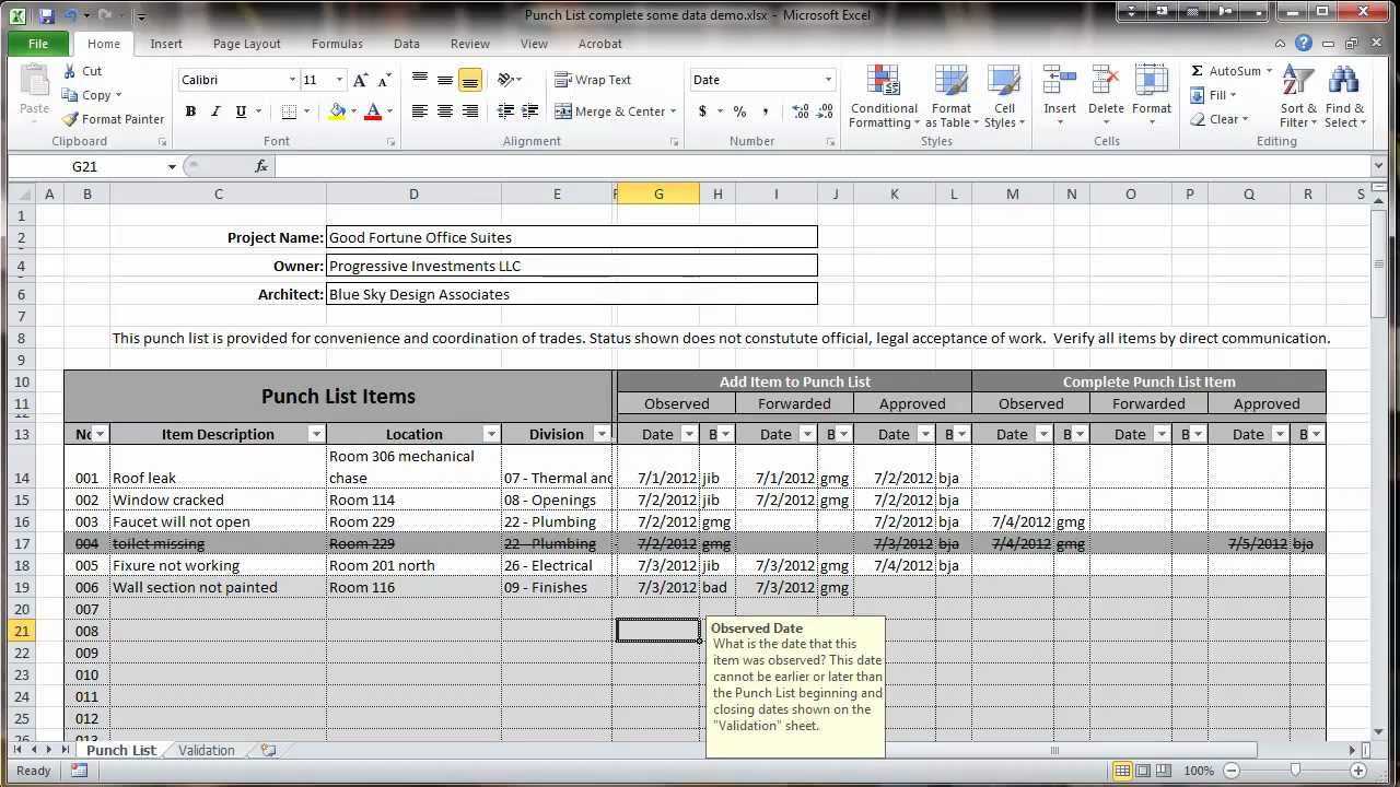 Excel 2010 Construction Punch List – Overview With Construction Deficiency Report Template