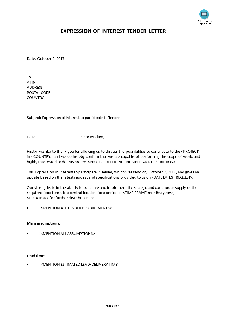 Expression Of Interest Tender Cover Letter | Templates At In Letter Of Interest Template Microsoft Word