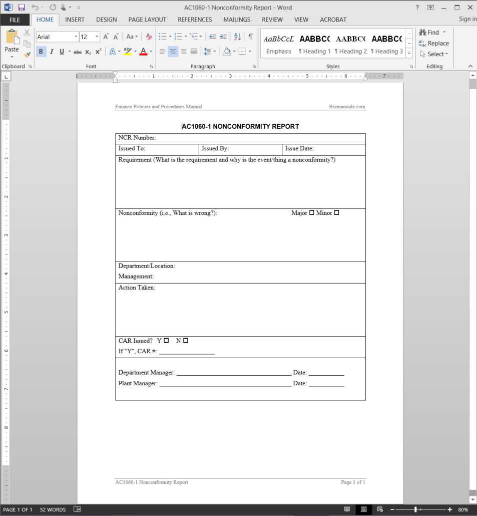 Financial Nonconformity Report Template | Ac1060 1 In Quality Non Conformance Report Template