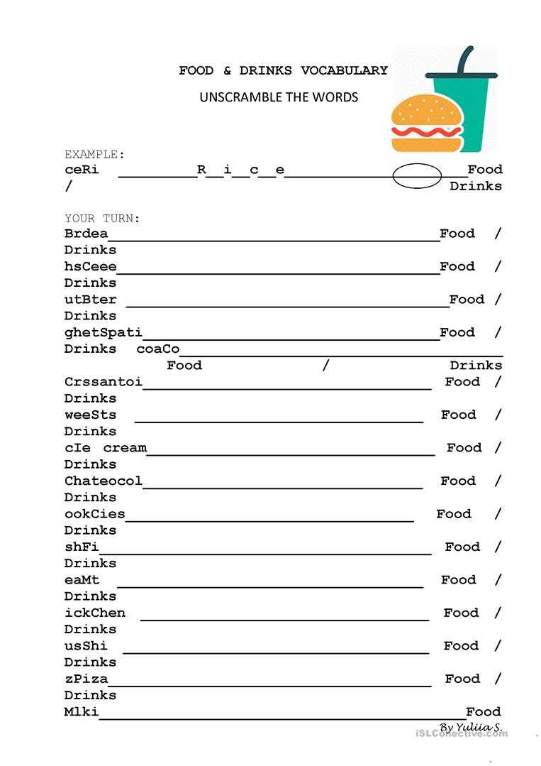 Food And Drinks Vocabulary Unscramble – English Esl Intended For Vocabulary Words Worksheet Template